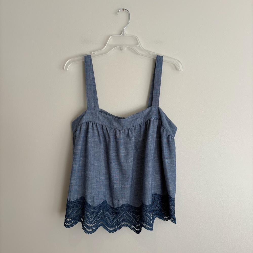 Parker Denim Blue Blouse with Lace Trim